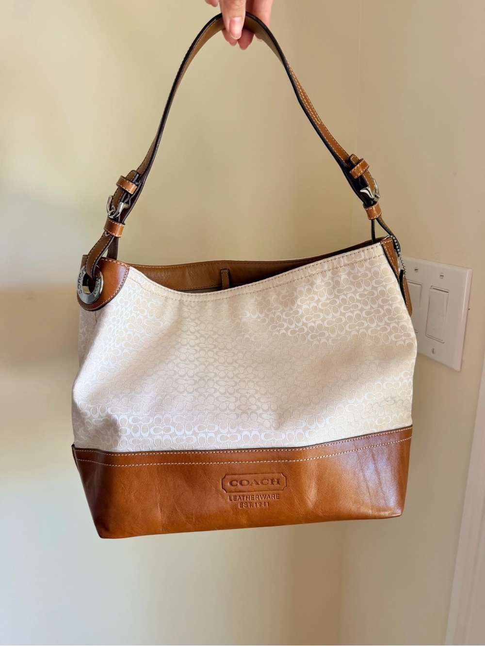 Coach Canvas & Leather Shoulder Bag in Cream and Tan